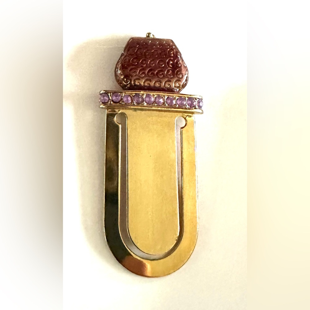 Gorgeous Rhinestone Crystal Enamel Brass Bookmark Clip Bejeweled Purse Bag RARE
